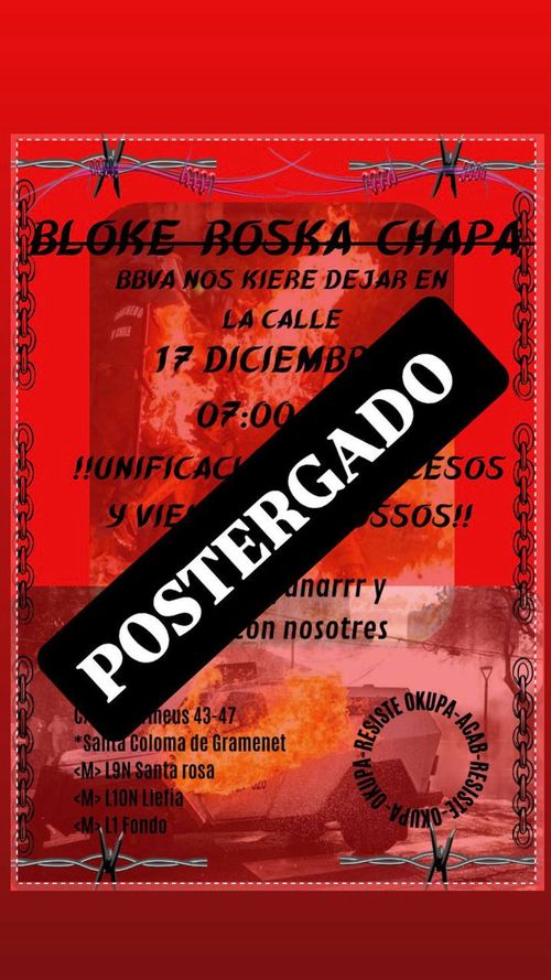 cartell en lletra negra sobre vermell, amb margee de cadenes i fil espinós. Sobreimprès, hi posa POSTERGADO 