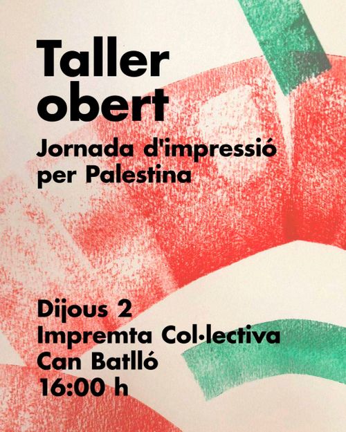 cartell senzill amb estampes vermelles i verdes amb textura de paper, sobre fons blanc. Lletres en negre amb títol i data. Fan els colors de la bandera de palestina, desordenats