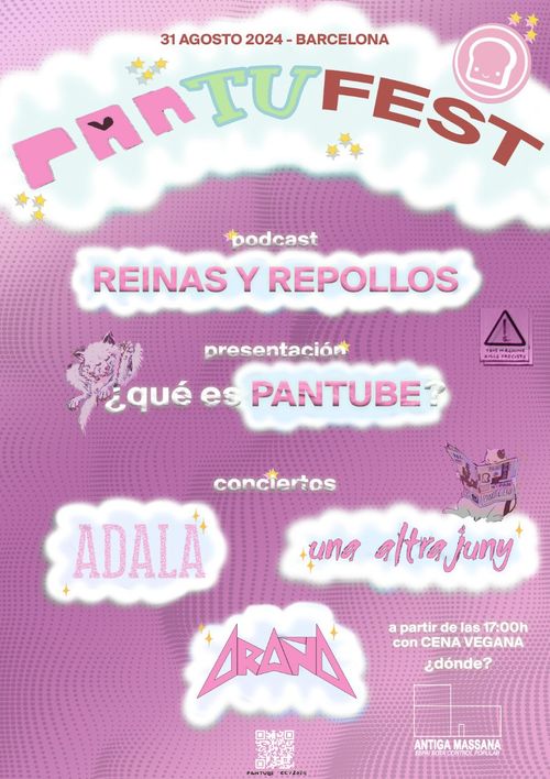 Pantufest. Cartel con tonos rosas, texto en estilo retro-dosmilero word-art, y títulos de colectivos encima de nubes blancas, y estrellitas para darle brillibrilli. podcast, presentación, conciertos, y cena vegana. logo de pantube, un gatito leyendo el pannoticiero, otro lamiéndose, y un aviso de "this machine kills fascists"