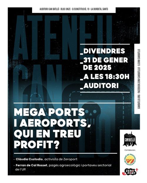 Mega ports i aeroports, qui en treu profit? Divendres 31 de gener de 2025 a les 18:30 a l'auditori. Claudia Custorio, activista de Zeroport. Ferran de Cal Rosset, pagès agroecològic i portaveu sectorial de l'UP