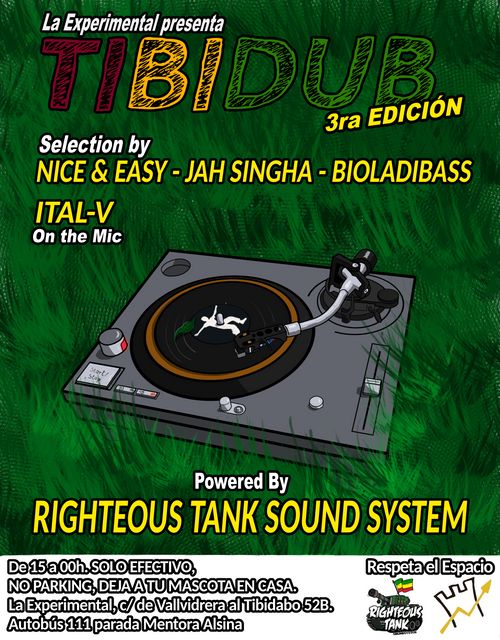 tocadiscos dibuixat amb fons de gespa verda, lletres de tibidub amb els colors rastafari vermell, groc i verd.