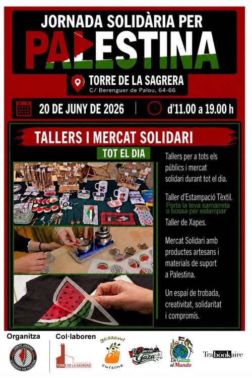 Fotografies de productes amb simbologia palestina com síndries, la bandera, o la forma del territori. Hi coŀlaboren Torre de la Sagrera, Gazzawi cuisine, el Rincón de Gaza, de Gaza al mundo, Trabookaire