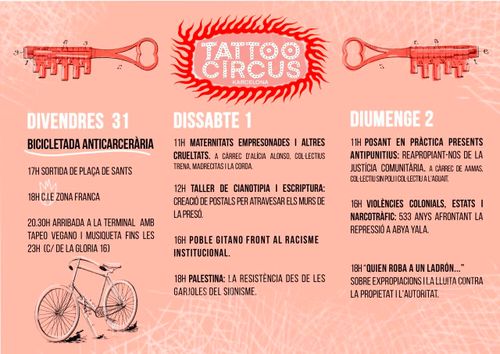 Tattoo Circus cartell horitzontal de fos color salmó, amb dibuixos vintage de claus complicades en vermell, una bici antiga en blanc, i el programa dels 3 dies  ocupant la majoria del cartell. moltes coses!
