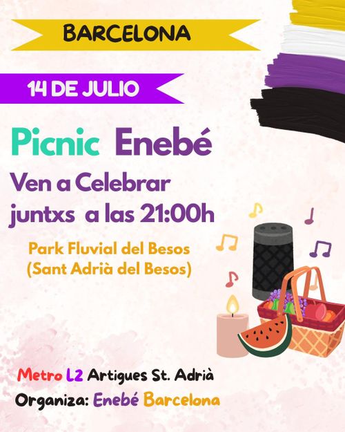 cartel simple en colores de la bandera no binaria: amarillo, blanco, lila y negro. Una vela, altavoz de música, una tajada de sandía y una cesta con fruta.