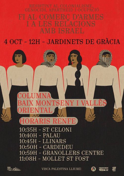 Columna Baix Montseny i Vallès Oriental per la mani per Palestina. El mateix cartell oficial amb els horaris de renfe sobreimposats