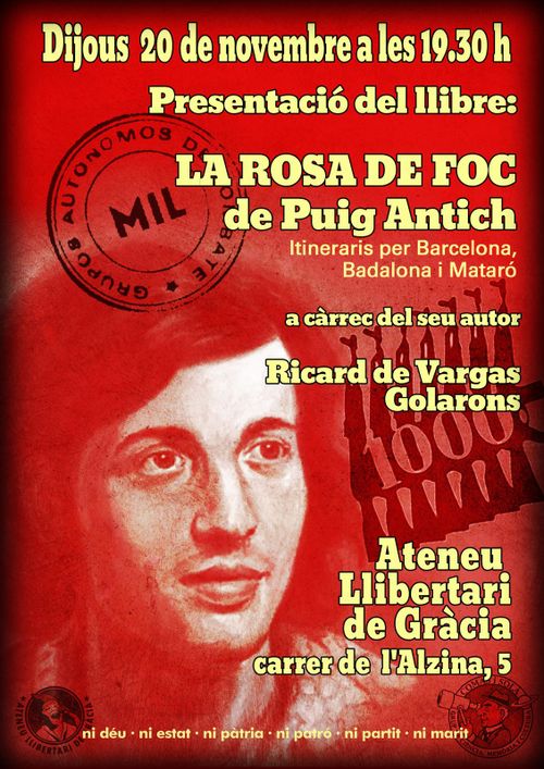 Presentació llibre: LA ROSA DE FOC DE PUIG ANTICH, Itineraris per Barcelona, Badalona i Mataró.
