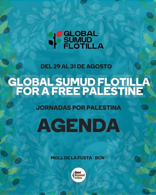 Cartell de tons blaus i turquesa amb siluetes subtils de branques d'olivera amb olives. Logos de "global sumud flotilla" i "global movement to gaza"