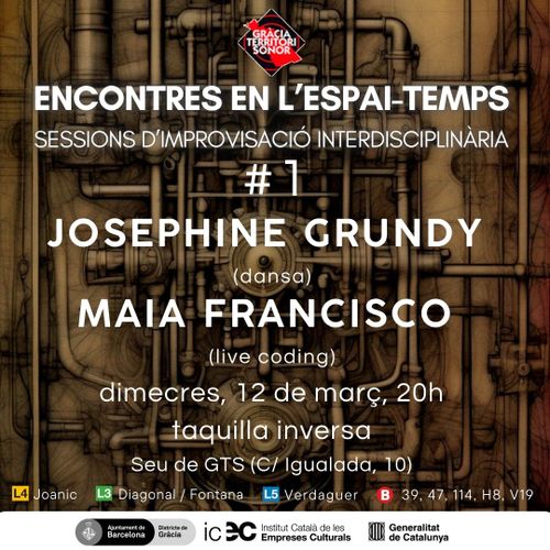 Encontres en l'espai-temps. Sessions d'improvisació interdisciplinària #1. Josephine Grundy (live coding), Maia Francisco (live coding). Dimecres 12 de març, 20h. Taquilla inversa. Seu de GTS (c/igualada, 10)