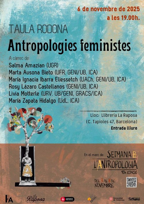 cartell en estil de paper pintat. Títol i pontents en negre sobre tons blaus. El terç inferior, en marró, sembla una taula, o terra. Una porta de casa amb una persona amb faldilla (sembla una senyora antiga), i una A sobre ella, fa de gerro d'una flor-arbre que surt cap amunt. Les fulles són cercles de colors, retalls de paper.