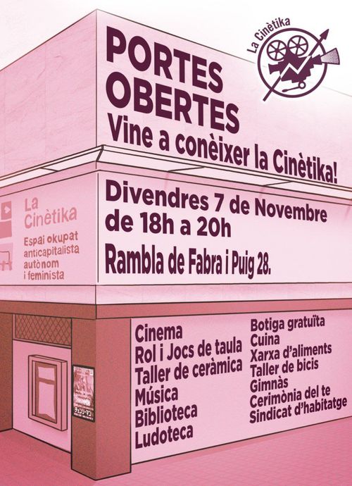 Cartell de la façana de  La cinètika en rosa, amb tota la informació de la publicació i una llista parcial de què es fa i alguns col·lectius.