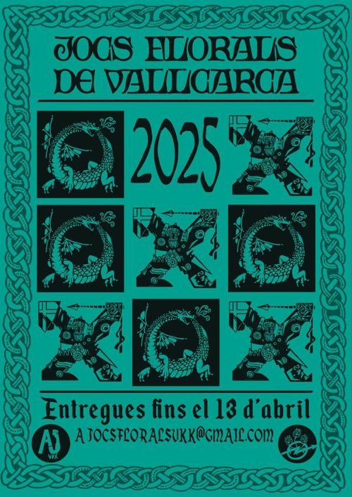 Cartell en negre i blau cian amb tipografia i iŀlustracions d'estil medieval. Una sanefa de nusos emmarca el cartell. Al mig, un 3 en ratlla on les X són figures com d'un cavaller i les O un drac mossegant-se la cua.
Les lletres diuen "Jocs Florals de Vallcarca 2025. Entregues fins el 13 d'abril."