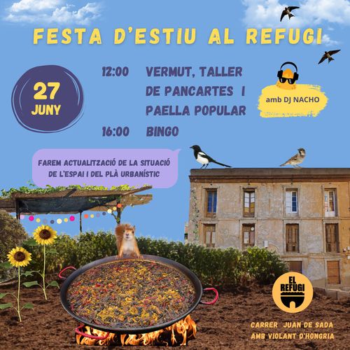 collage de l'hort, amb una paella, girasols i una casa al fons. Hi ha animalons: un esquirol a la paella, orenetes volant, un pardal i una garsa sobre l'edifici, que diu: farem actualització de la situació de l'espai i del pla urbanístic
