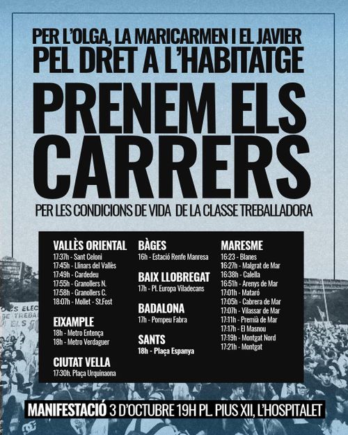 Columnes per la mani d'Habitatge. Horaris des de diverses poblacions i barris del Vallès Oriental, Bages, Maresme, Badalona, Baix Llobregat i barris del Barcelona