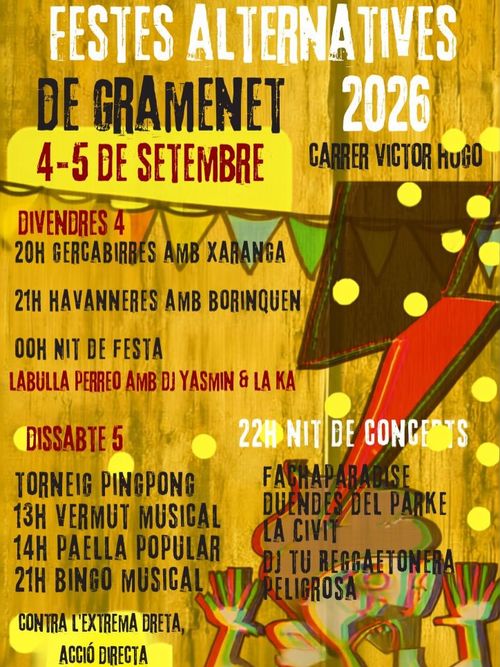 un dibuix amb fons de tons , el programa pintat a sobre en negre i vermell. a baix a la dreta, una caricatura d'un fatxa amb cabell de caca, exclama com un llamp esquemàtic roig i negre li reventa se li clava al cap. Banderoles de festa i llumetes d'alegria per la gran proesa