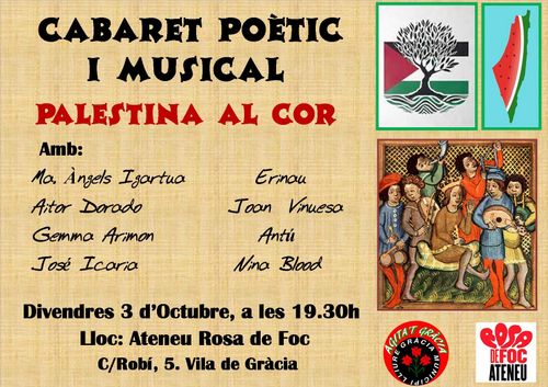 cartell de fons crema amb textura de teixit, logos d'agita't gràcia i rosa de foc (ateneu). una imatge medieval de joblars al voltant d'un rei, i un tall de síndria en la forma del territori palestí, i una bandera palestina amb una olivera sobreposada