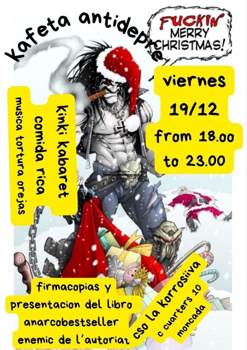 un pare noel fumant un puro amb musculatura visible molt masculina i cara d'enfadat, amb el cadàver de l'altre pare noel enrere. diu "fuckin merry christmas"