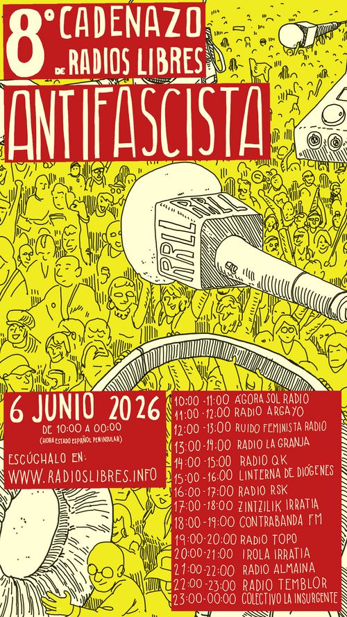 Dibuix de còmic a línia fina. Moltes persones juntes pintades de groc, porten micròfons i altres materials de ràdio gegantins, en un to més clar. En lletres clares sobre vermell, títol, data, i horaris.