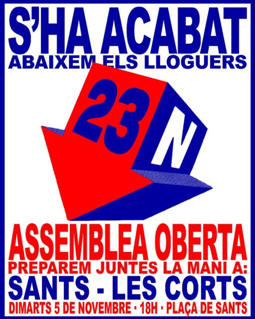 Sants - Les Corts Assemblea oberta abaixem els lloguers a la plaça de sants el dimarts 5 de novembre a les 18H