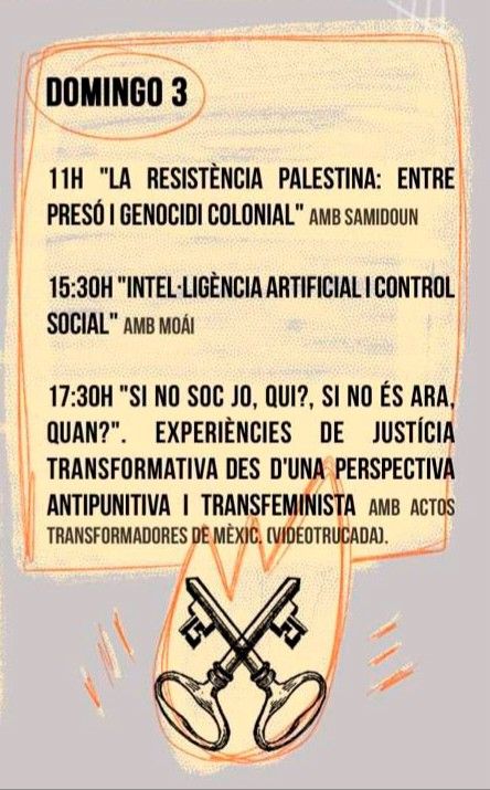 Tattoo Circus 2024 - Diumenge. La resistència Palestina: entre presó i genocidi colonial amb Samidoun. 15.30 inteligència artificial i control social amb moai. 17:30h "Si no soc jo, qui? Si no és ara, quan?" Experiències de justícia transformativa des d'una perspectiva antipunitivista i transfeminista amb actos transformadores de Mèxic (videotrucada).