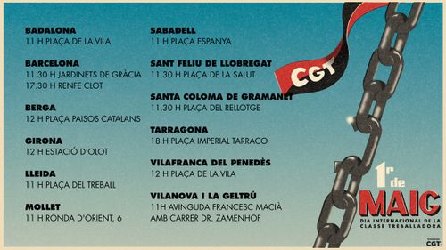 Convocatòries CGT 1 de maig a tot catalunya. Estil d'iŀlustració de còmic antiga. una cadena amb una banderola de la cgt. Rellueix una de les baules, que trencada amenaça amb acabar amb les opressions