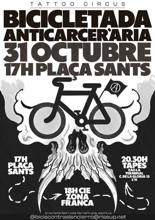 Bicicleta anticarcerària - Tattoo Circus Barcelona.
Una calavera amb ullals, on els ulls coincideixen amb les rodes d'una bici, que porta una bandera negra amb una A.