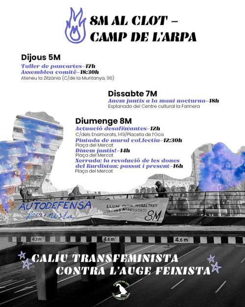 cartell en blanc, grisos i blaus violeta. Una foto d'una gran via tallada i amb una pancarta penjada del pont que diu "autodefensa feminista 8M"