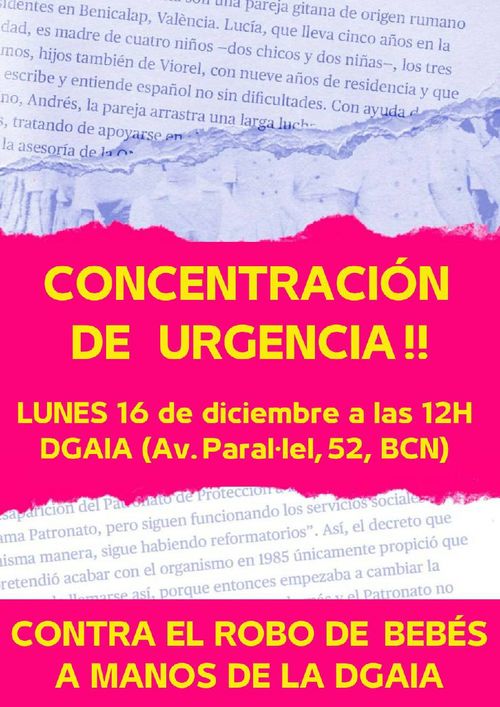 Concentración de urgencia!! Lunes 16 de diciembre a las 12H. DGAIA (Av. Paral•lel 52, BCN). CONTRA EL ROBO DE BEBÉS A MANOS DE LA DGAIA. Eliel no está desamparado. Martha y Elías quieren cuidarlo y criarlo.