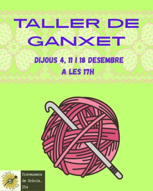 cartell en fons verd lloro, un dibuix d'un cabdell de llana rosada. lletres en blau i el logo de l'hort