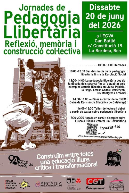 Reflexió, memòria i construcció col·lectiva.

Construïm entre totes una educació lliure, crítica i transformadora!

Signa la CREC, Arcàdia, UPA (universitat popular autogestionada), CGT Ensenyament, Fundació Salvador Seguí


