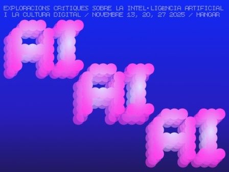 Sobre un fons blau apareixen, de color rosa clar i en diagonal les lletres AI, AI, AI