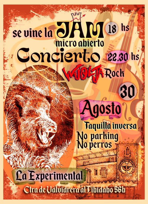 JAM Experimental. Cartell amb un porc senglar, un contrabaix de fons, i el dibuix de la casa