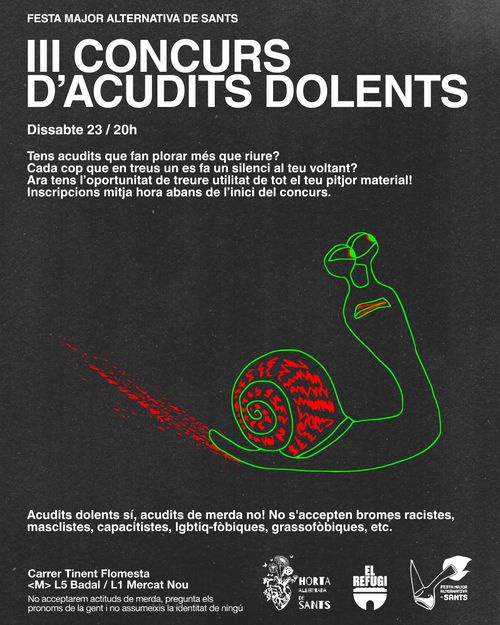 Cartell del III concurs d'acudits dolents. Hi ha un dibuix d'un caracol derrapant