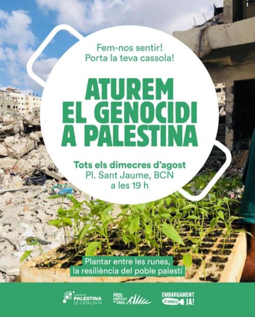 Un cartell que diu "Aturem el genocidi a Palestina: Tots els dimecres d'agost en Pl. Sant Jaume, BCN a les 19 h"
