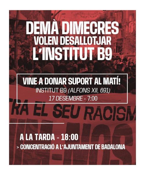 DEMÀ DIMECRES VOLEN DESALLOTJAR MÉS DE 400 PERSONES.
Vine a donar suport al matí!
A la tarda, 18h, concentració a l'ajuntament de badalona