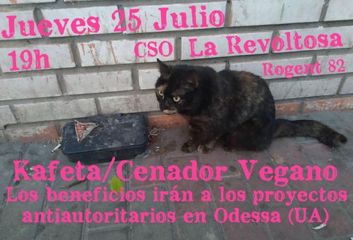 Kafeta/Cenador Vegano
Los beneficios irán a los proyetos antiautoritarios en Odessa (UA). Foto d'una gata tricolor al costat d'una paret. Lletres rosa