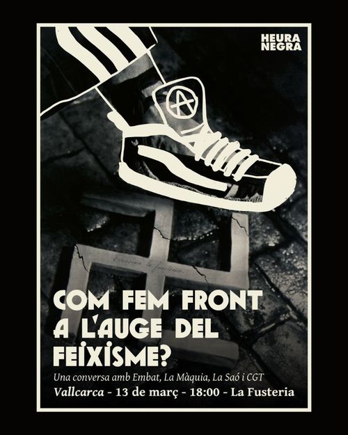 foto de l'espardenya aixafant l'esvàstica però pintada a sobre en blanc perquè sigui una bamba amb una A encerclada i uns pantalons de xandall amb ratlles. Firmat per heura negra