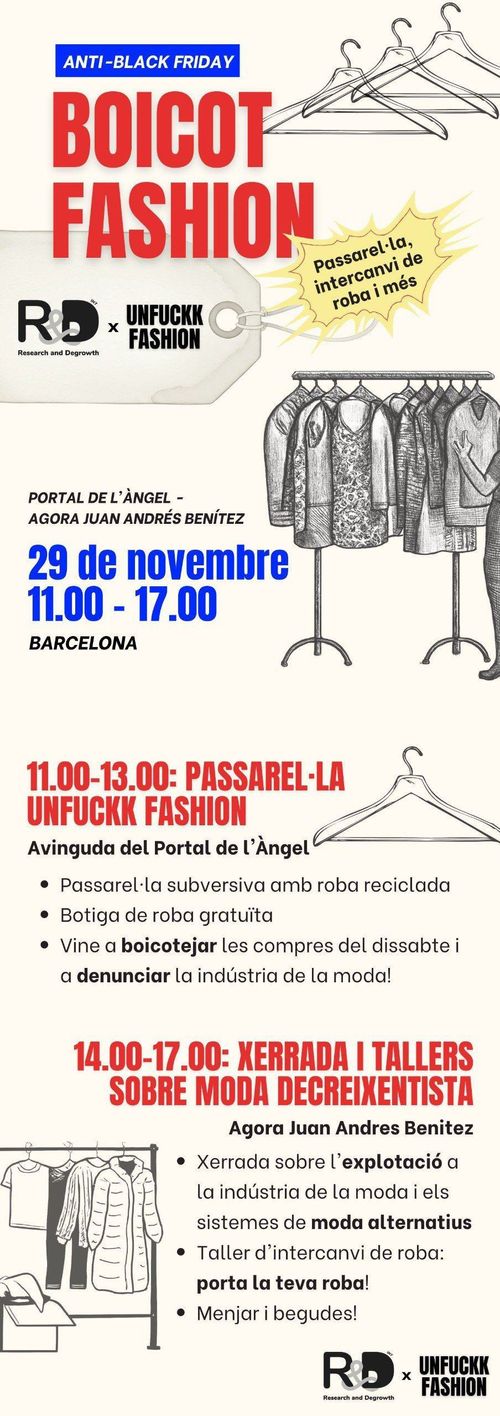 anti-black friday. boicot fashion. Logos de Research and Degrowth i de Unfuckk Fashion. Passareŀla, intercanvi de roba i més. Cartell amb fons blanc i dibuixos a llapis de burres amb roba variada penjada. Motius de penja-robes i etiquetes de mida i preu.