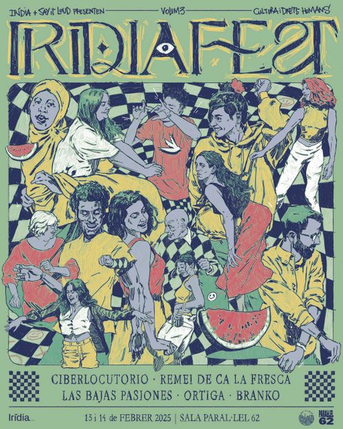 IridiaFest III. Un grupo de personas diversas bailando. Anuncian que participarán Ciberlocutorio, Remei de Ca La Fresca, Las Bajas Pasiones, Ortiga y Branko.