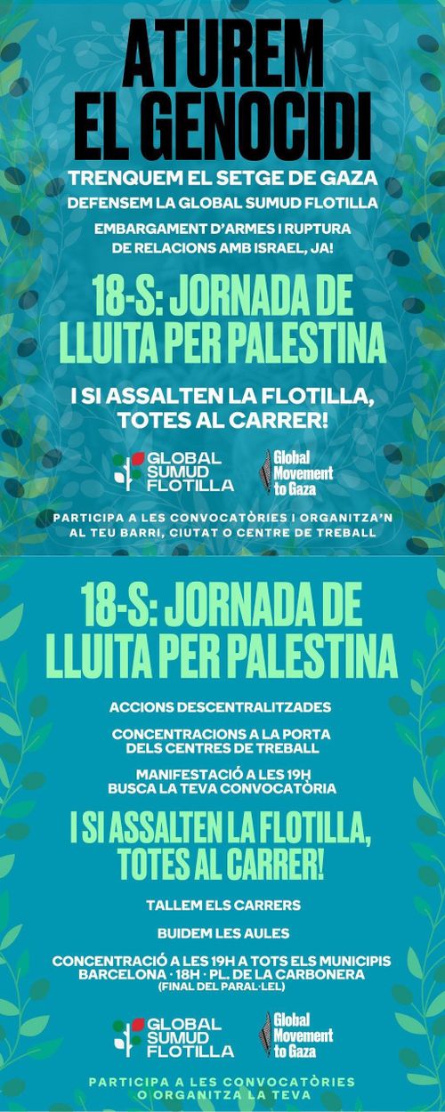 El text de la descripció en tons blaus, verdosos i blancs. Logos de Global Sumud Flotilla i Global Movement to Gaza.