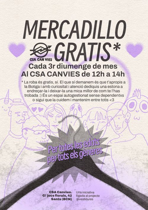 Cartell de la jornada mensual de la Botiga Gratis, enguany reanomenada com "Mercadillo gratis". Es veuen uns personatges al centre de diferents edats, estils i gèneres. També un dragonet i algun altre ésser simpàtic, com un unicorn al fons, somrient. Al mig de tot un penjador de roba, símbol de la Botiga Gratis que funciona de forma autogestionada. I uns cors de color lila als dos costats, emmarcant de forma cuqui :)