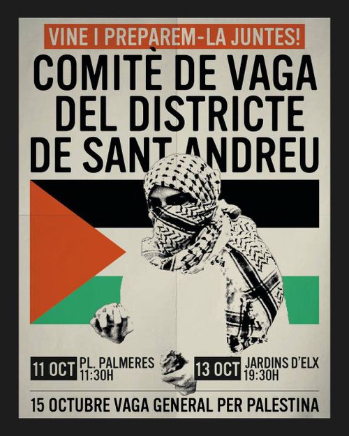 Vine i preparem-la juntes! Comitè de Vaga obert del districte de Sant Andreu
Una persona que agafa pedres amb les mans està tapada per un keffiyeh i al darrere té una bandera palestina.