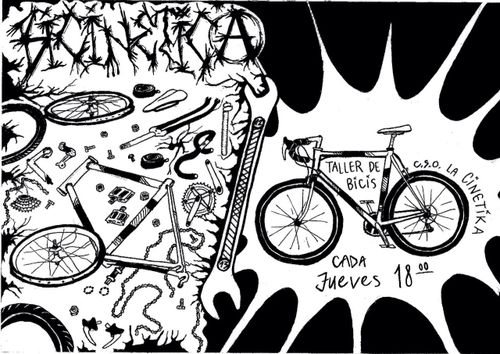 Cartell en blanc i negre estrident. La meitat mostra parts de bici i eines amb "Bicinètika" en lletres estridents (la A és el símbol d'anarquia). L'altra metiat, separada per una doble clau fixa, hi ha una bicicleta sencera en mig d'una explosió. Al voltant de la bicicleta hi diu "Taller de bicis. CSO La cinètika. Cada jueves 18:00h"